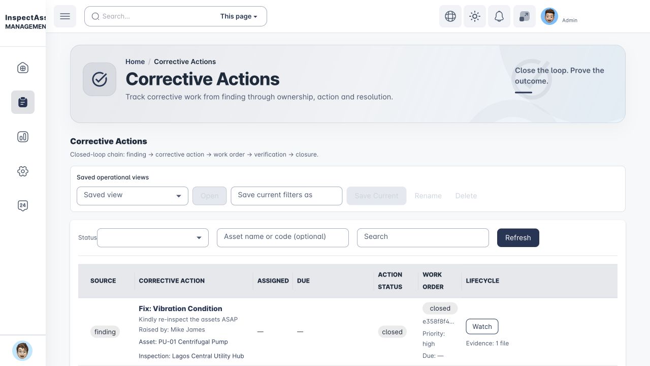 Corrective Actions list with owners, due dates, status and work-order lifecycle