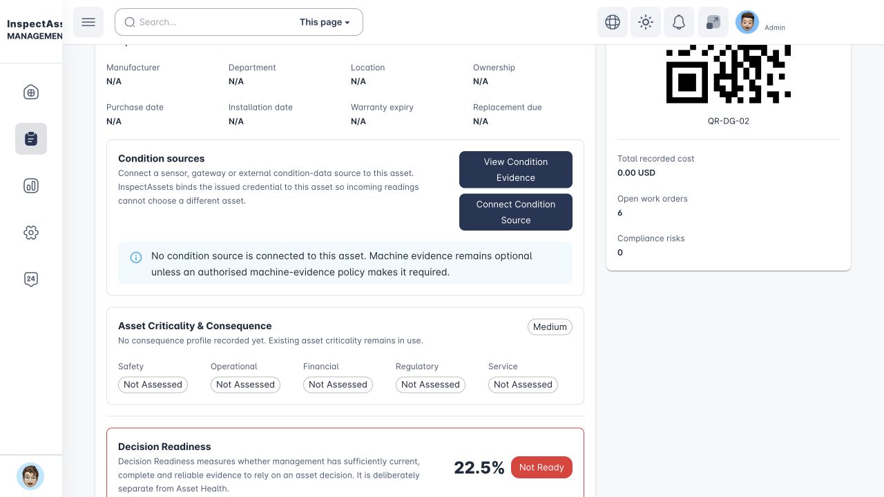 Asset evidence passport with condition sources, criticality and supporting records