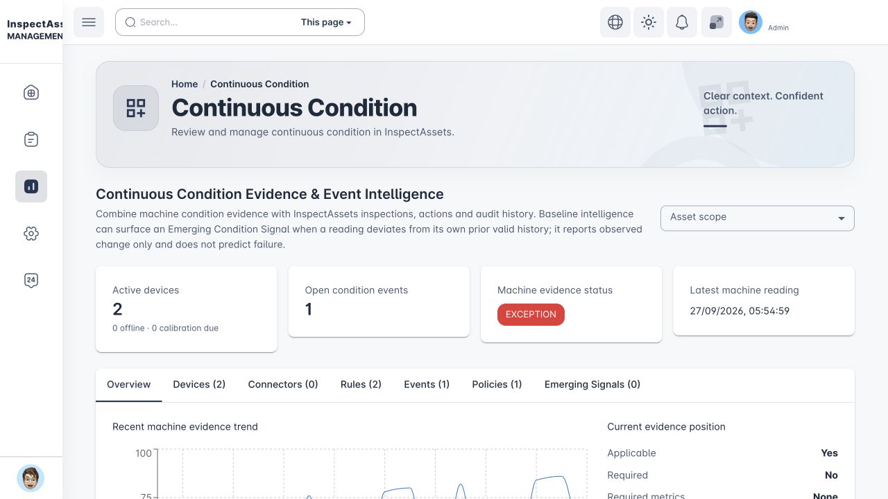 Continuous Condition overview with two demo devices and one open exception