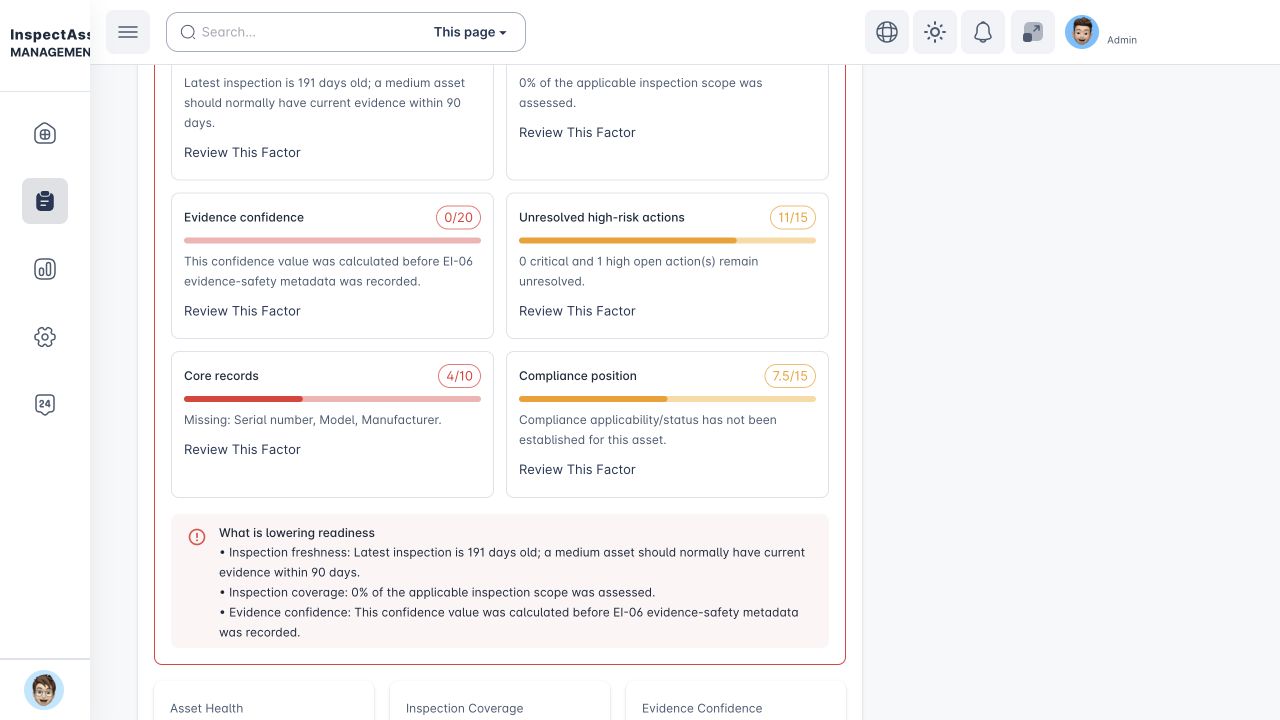 Decision Readiness panel showing evidence factors and unresolved work