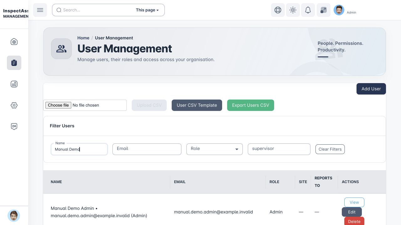Synthetic administrator, manager, supervisor and inspector accounts in the local demo tenant