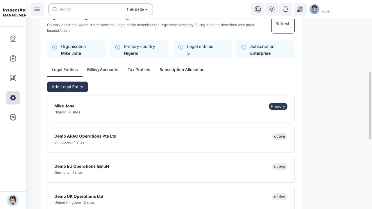 Organisation settings with legal entities and regional site counts
