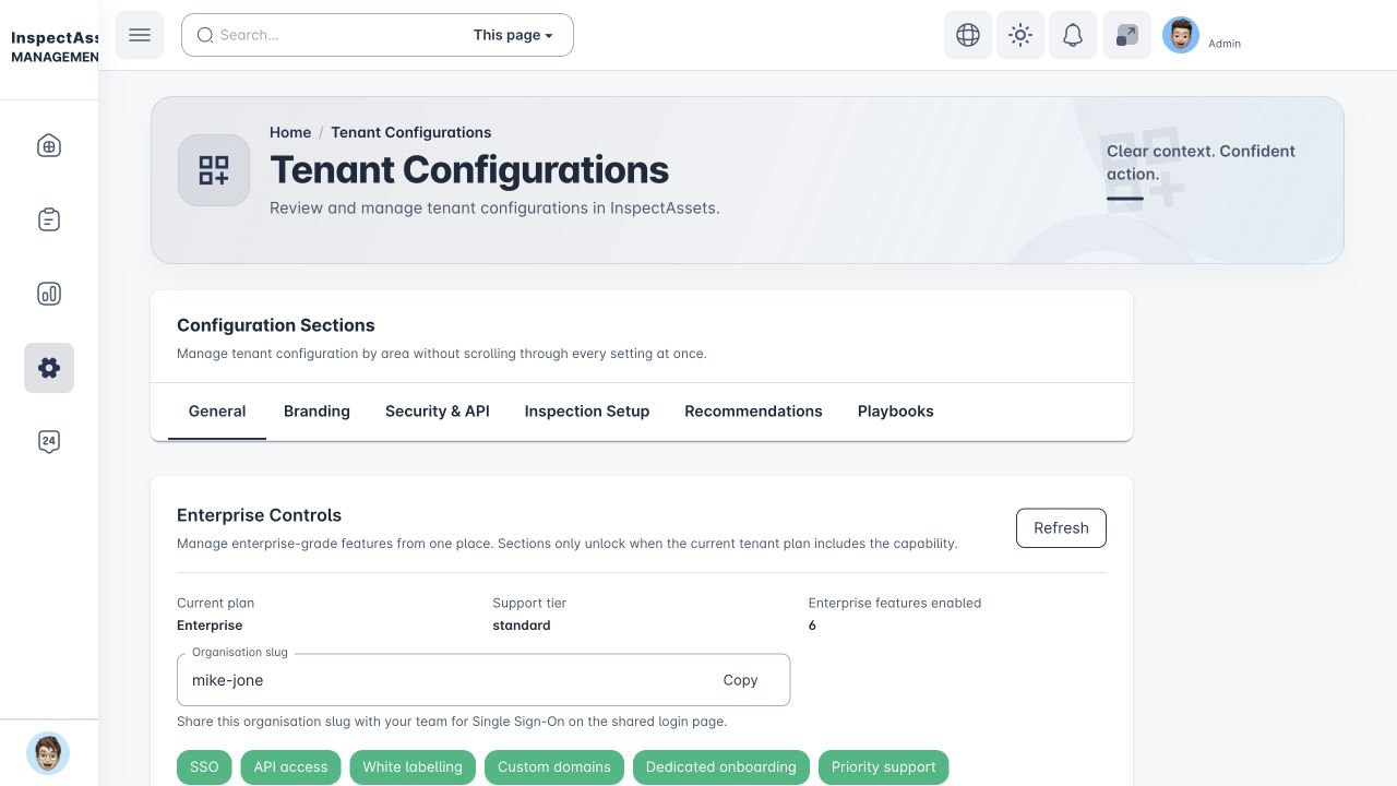 Enterprise controls showing SSO, API access, branding and custom-domain options