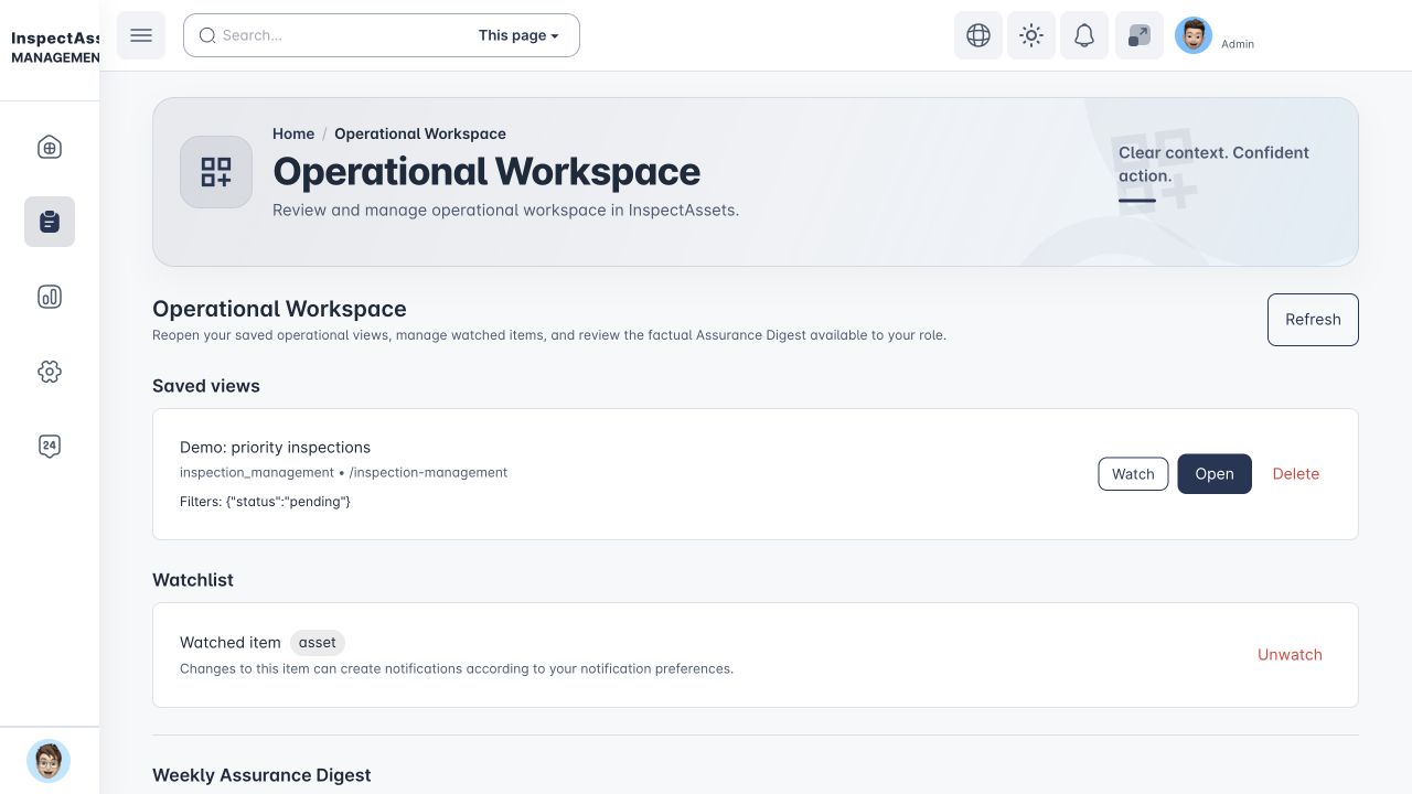 Operational workspace with saved views, watchlists and assurance digest