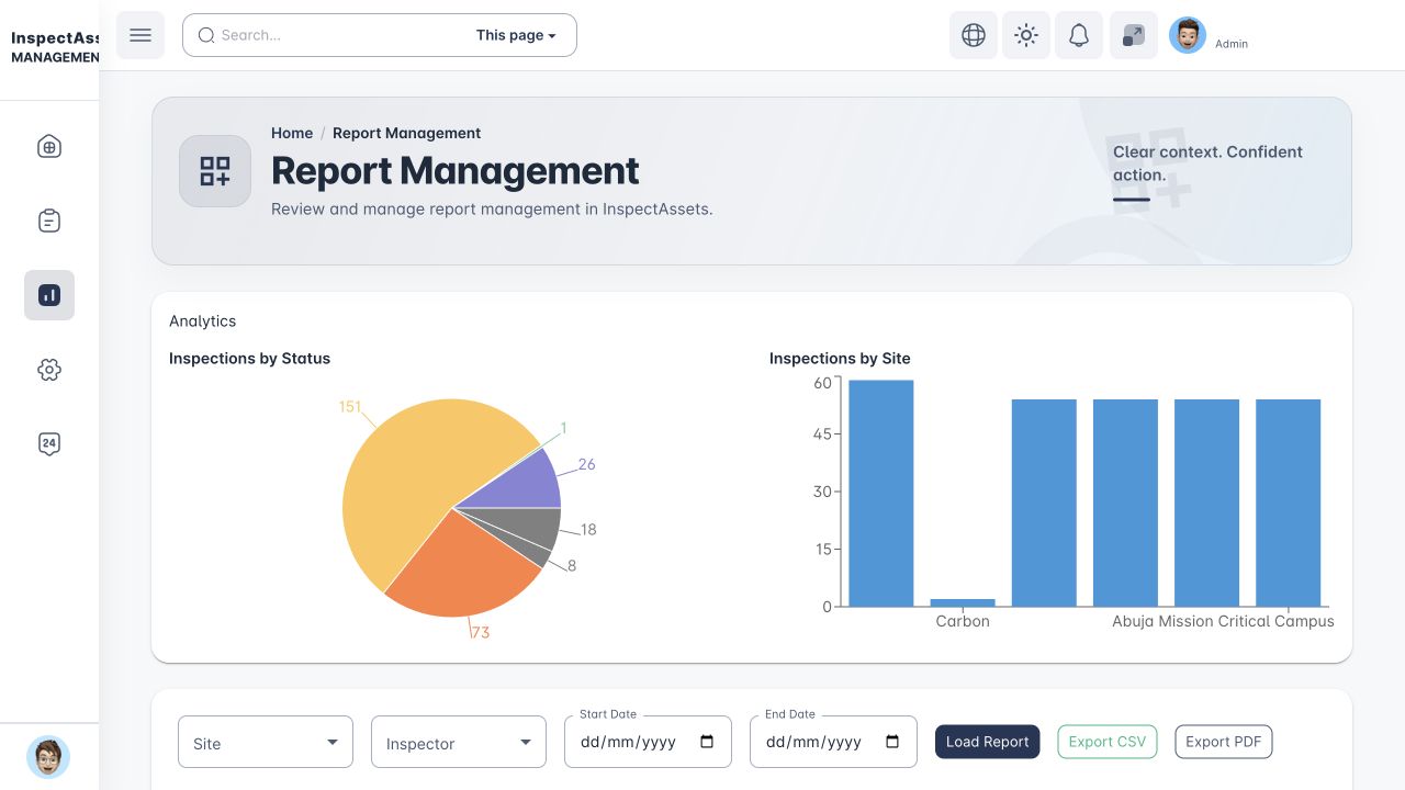 Report Management with inspection analytics and PDF, CSV and evidence-pack export controls