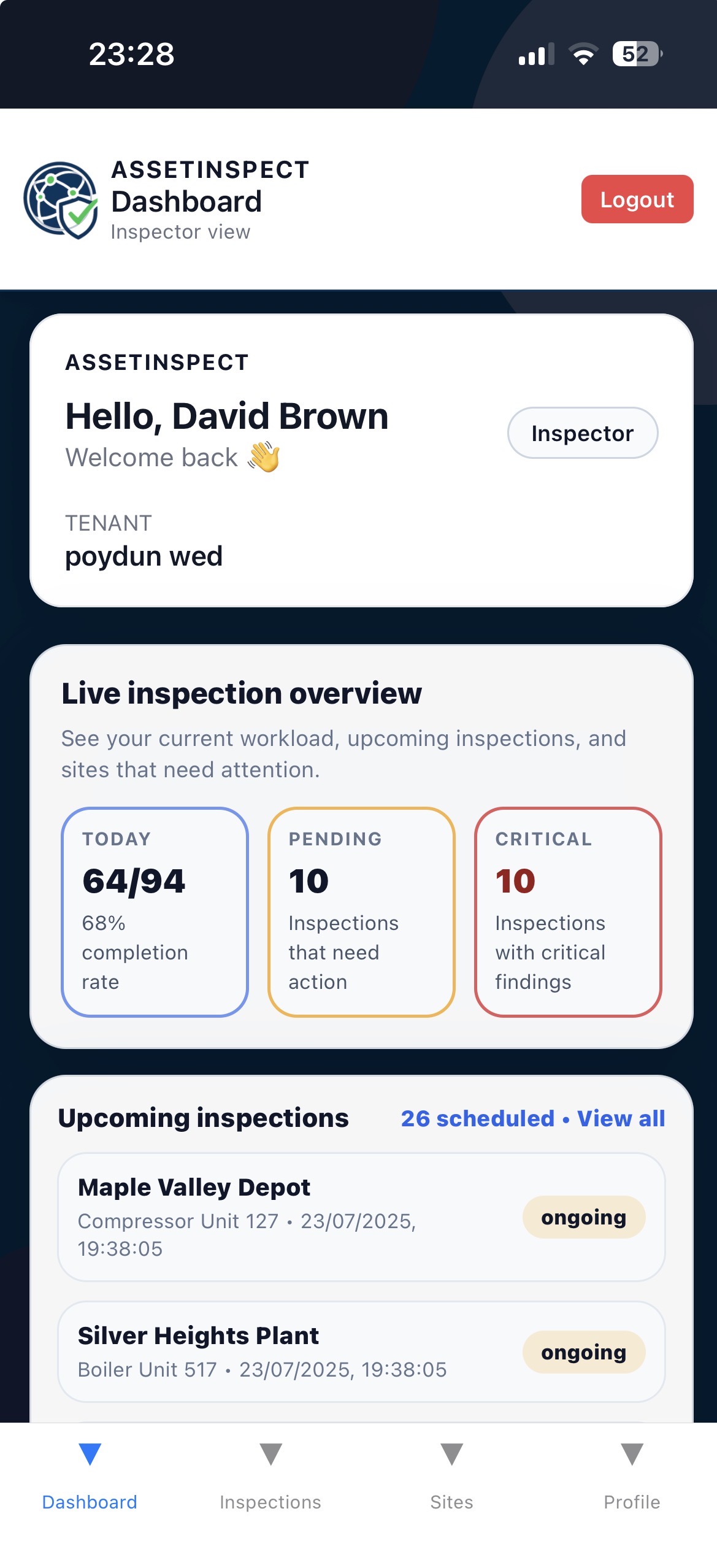 AssetInspect mobile dashboard